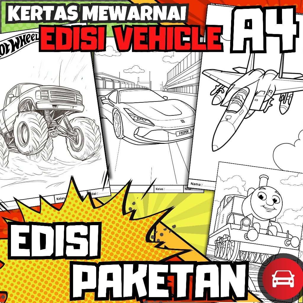 

MEDIA KERTAS KREATIFITAS MEWARNAI ANAK A4 DENGAN PRINT CETAK BUKAN COPY - KERTAS MEWARNAI EDISI VENHILE MOBIL FERRARI - LAMBORGHINI - TAYO - KERETA THOMAS - THE CARS DISNEY - BIS BASURI - MONSTER TRUCK