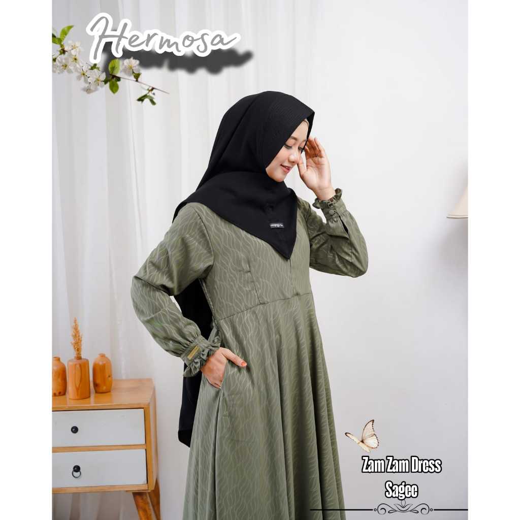 Hermosa ZamZam Dress Sagce-Gamis hermosa motif zamzam sage green-gamis hijau sage-gamis idul fitri