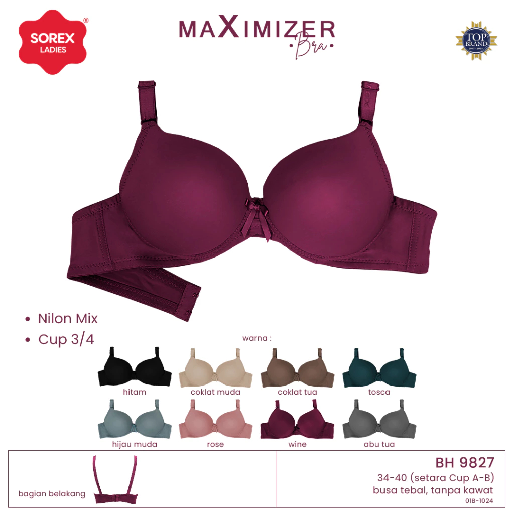 Bra Sorex 9827 Maximizer Bra Tanpa Kawat Busa Tebal Kait 2 Setara Cup A-B Cup 3/4 Push Up Bra