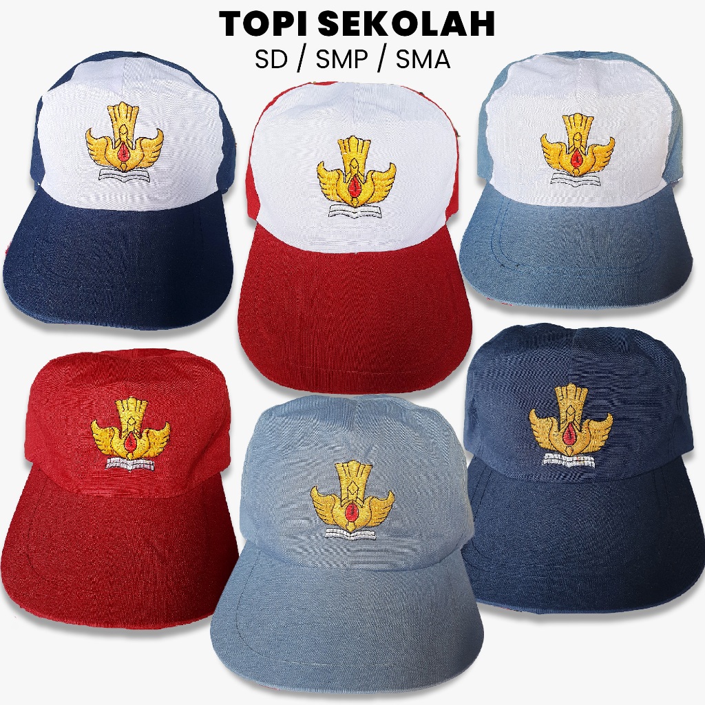 Topi SD SMP SMA SMK Bordir Topi sekolah SD Merah polos Merah Putih SLTA Biru Polos Biru putih abu2 a