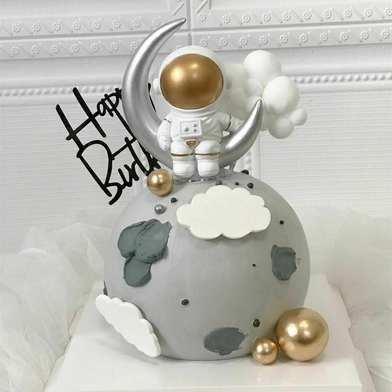 Cake topper tema astronot bulat sabit astronout pesawat luar angkasa planet space galaxy galaksi pla