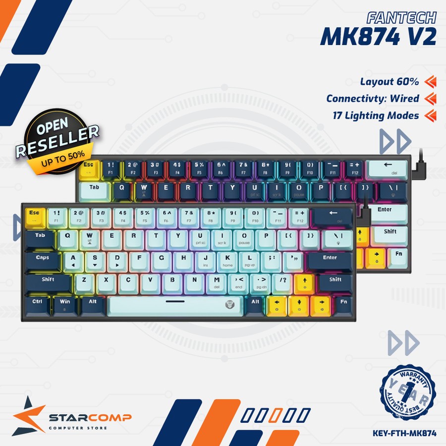Fantech MK874-V2 Atom63 Mechanical Keyboard 60% Hot Swappable RGB Wired USB-C - Navy Blue/White/Sky Blue