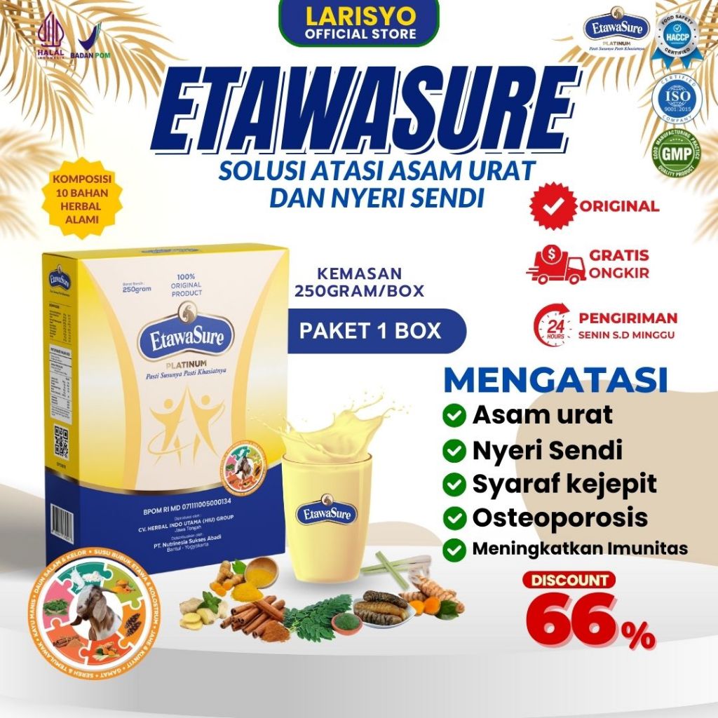 

Susu Kambing ETAWASURE Platinum - Untuk Sesak Nafas dan Nyeri Dada - Kemasan 250gr 1 Box