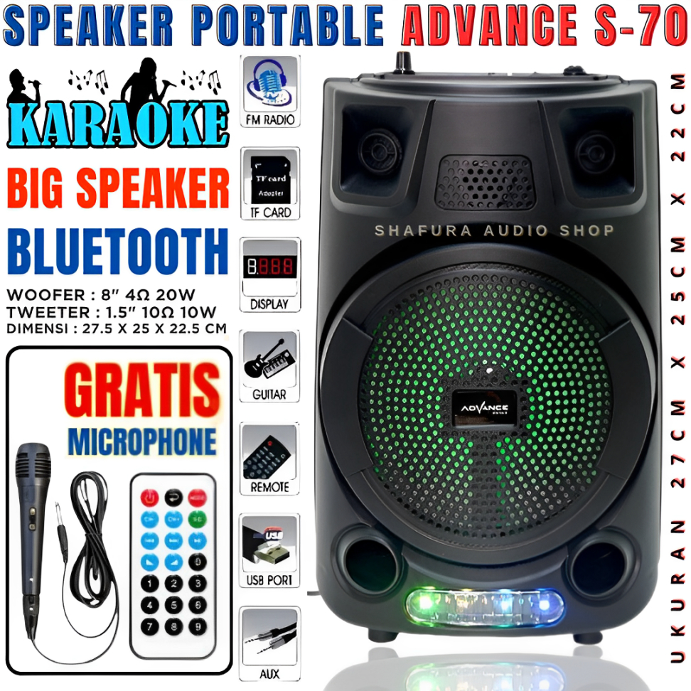 Speaker Advance S 70 Bt Bluetooth Plus Mic Karaoke Advance S70 Speaker Meeting 8" Inch S70 Wirelles 