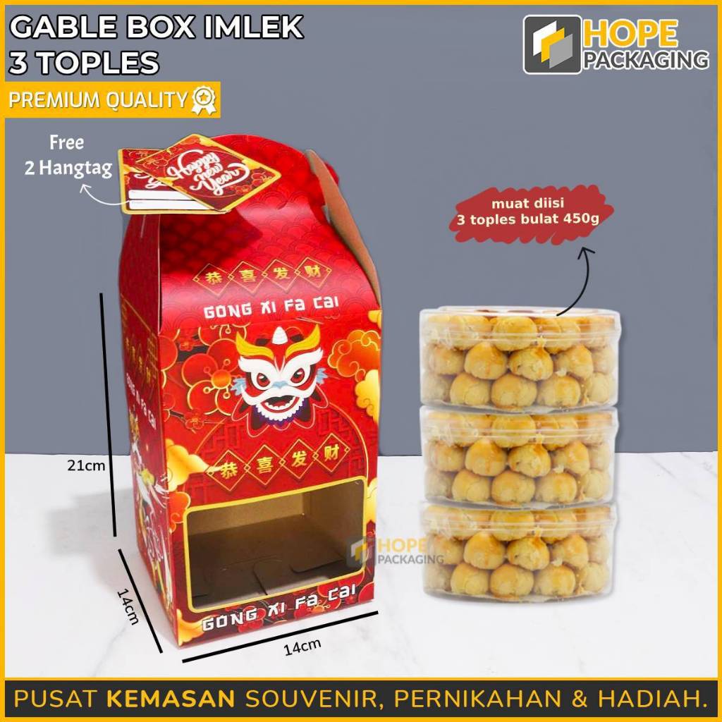 

Gable Box Imlek 3 Toples / Kotak Jendela / Kotak Imlek / Box Souvenir Hampers Imlek / Gable Box Kue Kering / Dus Tenteng Kue Toples