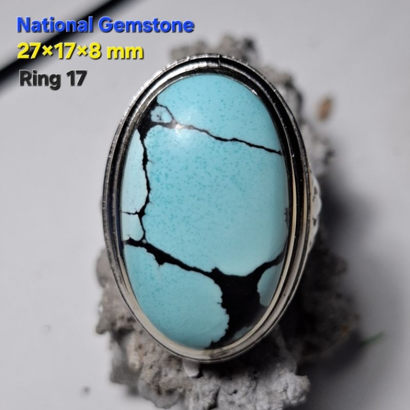 Cincin Batu Pirus Hubei Alami Ceplok Kuro Top HQ  27x17x8 mm