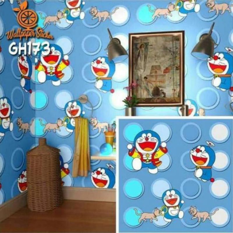 WALLPAPER STICKER STIKER DINDING MOTIF KARAKTER DORAEMON DAN HELLOKITTY UKURAN ±10 METER PER ROLL