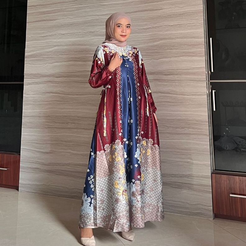 MH Gamis Busui Silk Premium Motif Print Premium Dress Pesta Lebaran Terbaru Mewah Slavina Dress