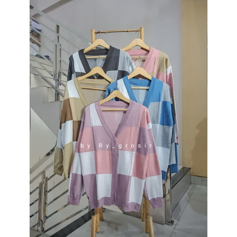 Kardigan Rajut Wanita Dewasa Motif Kotak Lengan Panjang