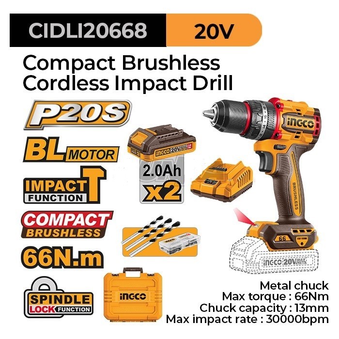 P20S Brushless Impact Drill (66Nm 13mm) INGCO CIDLI206681 Bor Impact Cordless Tembok Beton