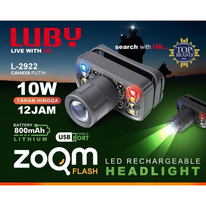 SENTER KEPALA LUBY ZOOM 10W L-2922L BATREI 800MAH TAHAN HINGGA 12JAM ORIGINAL 100 %