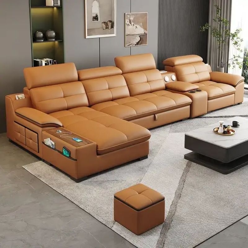 SOFA TAMU SOFA MINIMALIS SOFA KULIT L MINIMALIS 4 SEATER - CONSOL BOX