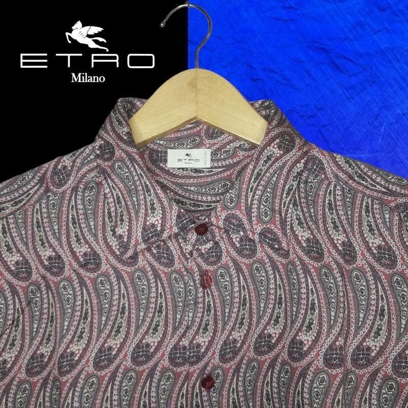 ETRO MILANO PAISLEY kemeja lengan panjang pria berkerah,atasan pria berkerah