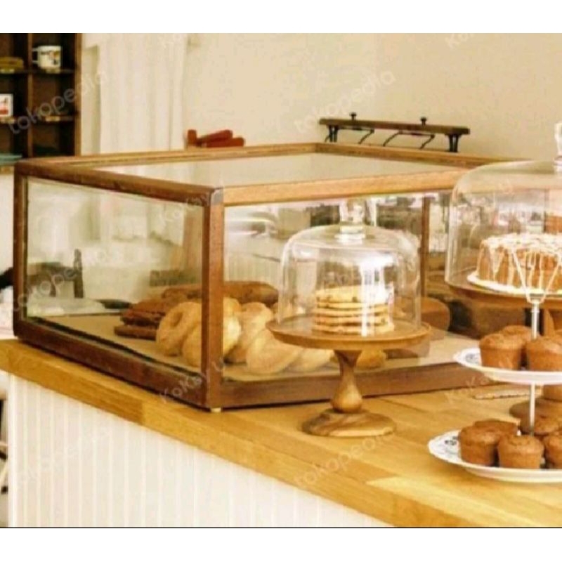 etalase makanan tempat kue cafe food display kayu jati Belanda dan kaca uk 60x40x22