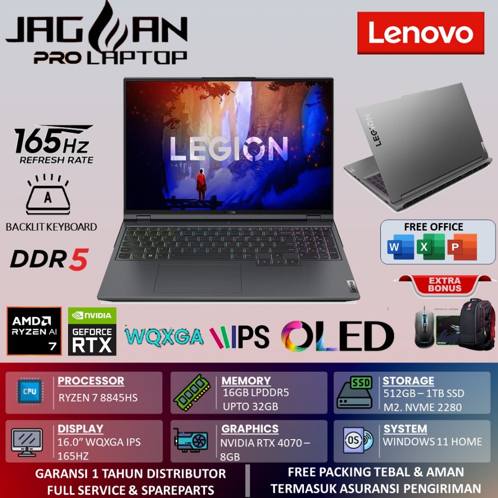 Laptop Gaming Lenovo Legion Slim 5 16 AMD Ryzen 7 8845HS 32GB 2TB SSD RTX4070-8GB 16.0 WQXGA Oled