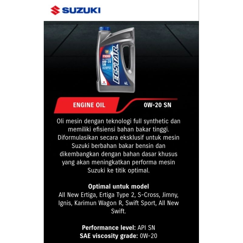 [990H0-21010-004] OLI MESIN ECSTAR Suzuki Oil  0W-20 SN (4L) - semua mobil SUZUKI