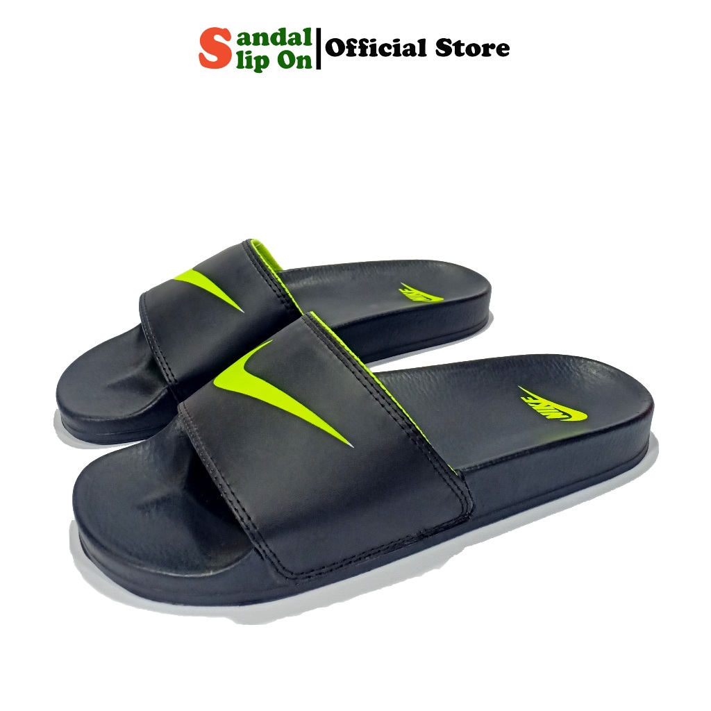 Sandal Nlke slide Casual pria wanita tipe selop warna Hitam motif List Hijau Stabilo grade premium