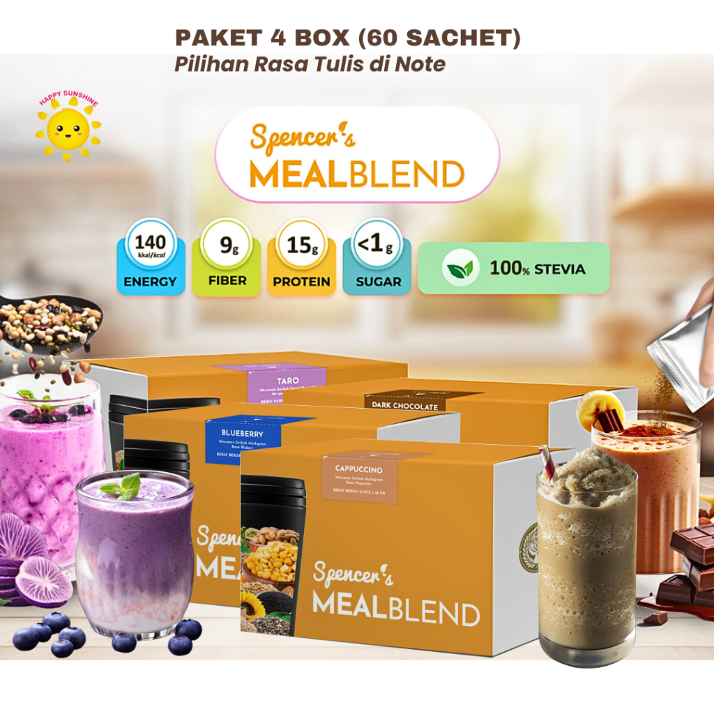 

SPENCERS MealBlend Paket 4 Box / 60 Sachet Spencer's Meal Blend Replacement Nutrisi Harian Diet Sehat Lezat Multigrain SUPERFOOD Pea Isolate Protein Chia Seed Quinoa Almond Natural Fiber LIFE X SuperGreen Matcha Detox VEGAN Lactose Gluten Free BPOM HALAL