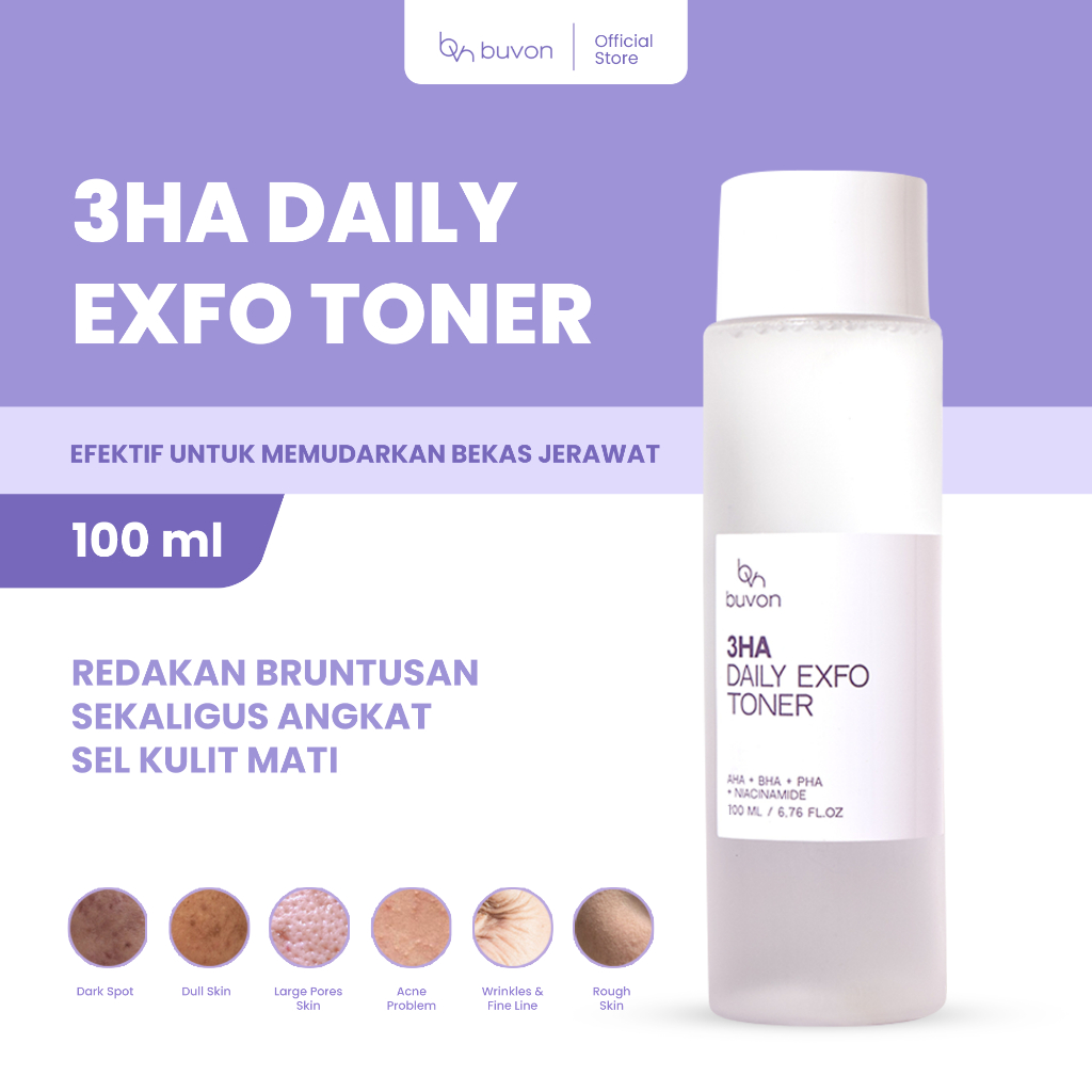 BUVON AHA BHA PHA Daily Exfo Toner - Exfoliating Toner untuk Kulit Halus, Cerah, Bebas Jerawat & Kom