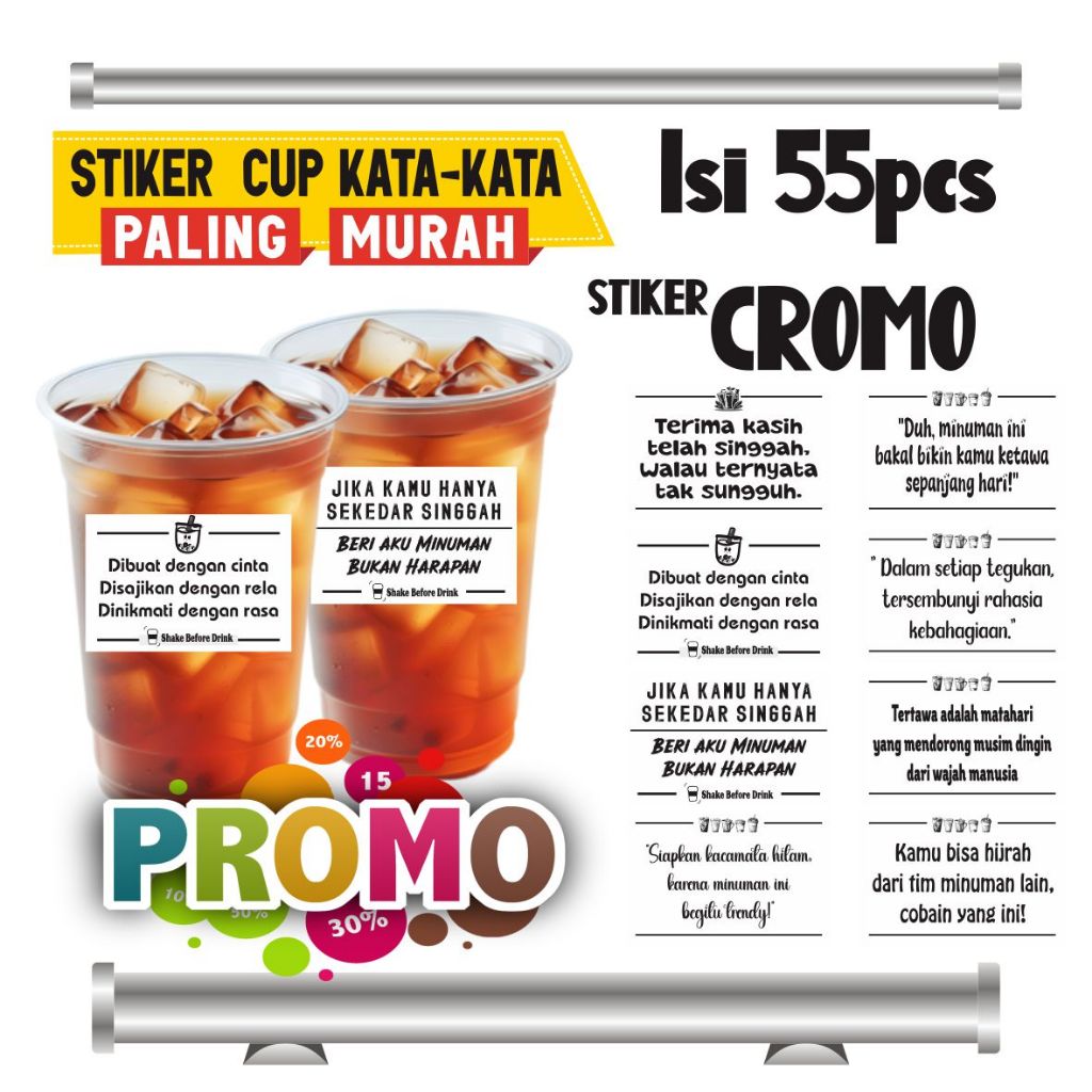 

STIKER KATA-KATA ISI 55pcs BUAT CUP MINUMAN, STIKER CROMO, STIKER CUP