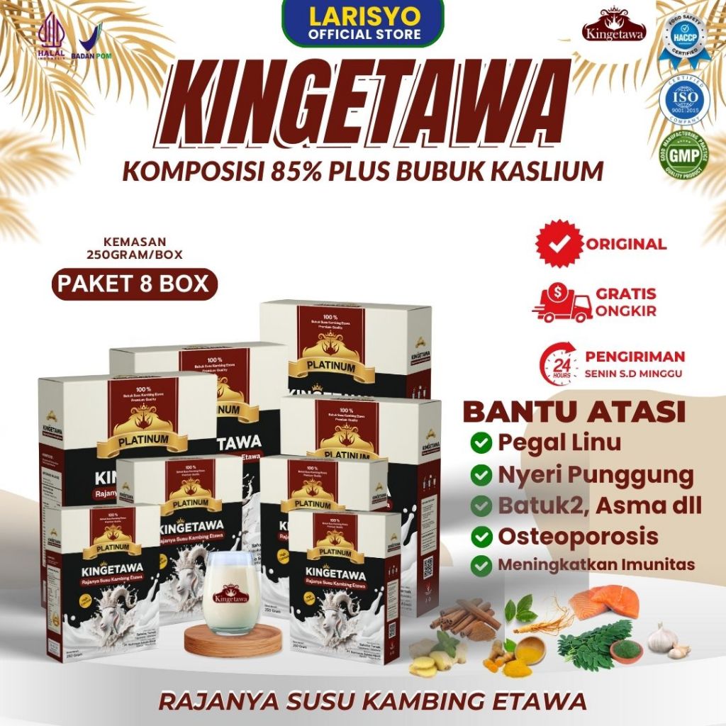 

Kingetawa Susu Kambing Etawa Tinggi Kalsium Untuk Masalah Sendi Dan Tulang Kemasan 250gr Paket 8 Box