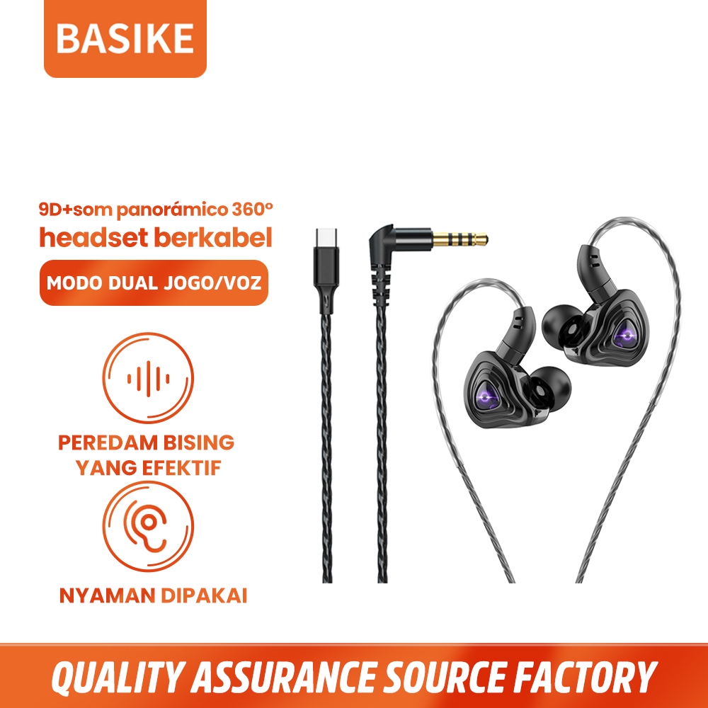 BASIKE Headset Gaming kabel Type C 3.5mm HIFI Bass Noise Cancelling Music in ear Subwoofer Earphone