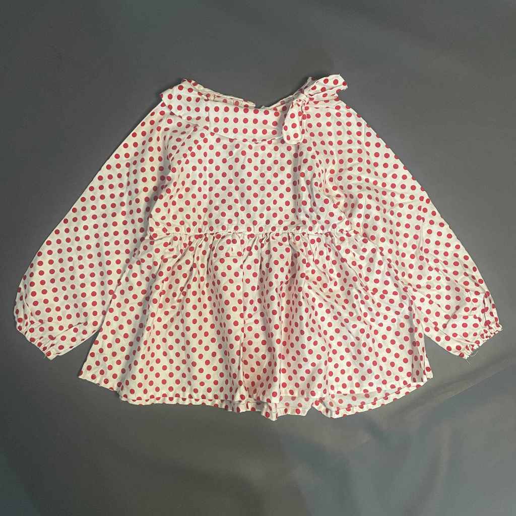 (NB, PRELOVED) K203 Dress Atasan Tunik O Neck Kerah Pita Tangan Balon Panjang Rok Rempel Putih Polka