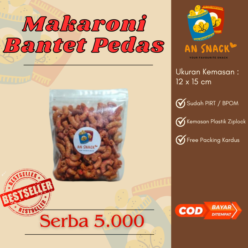 

AN SNACK - MAKARONI BANTET PEDAS 60GR 5.000 - macaroni bantet pedes ENAK - SNACK KEKINIAN