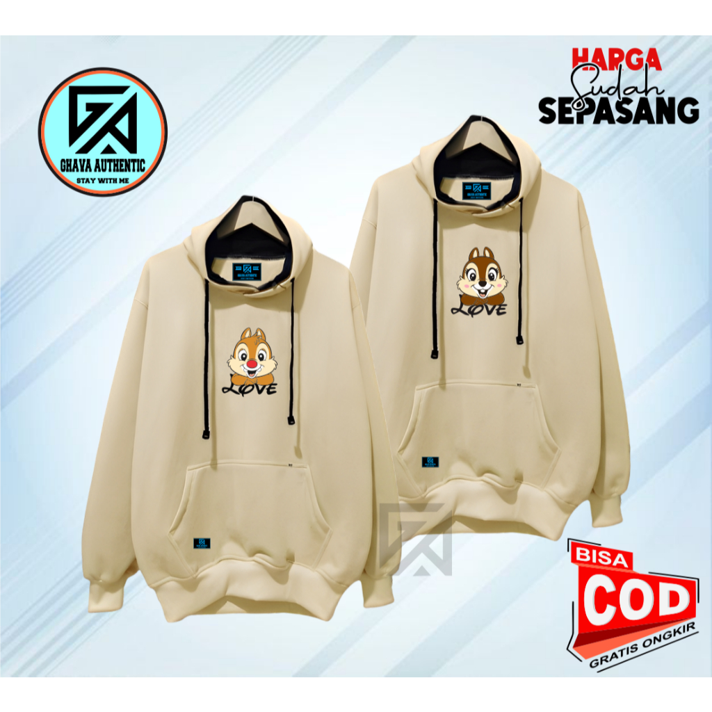 Hoodie Sweater Pasangan Couple pria Wanita Bahan Katun Fleece Tebal Motif Tupai Love Warna Cream