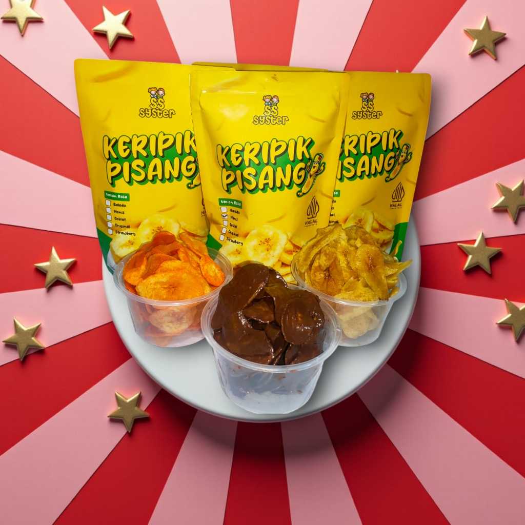 

KERIPIK PISANG COKELAT Banana Chips Chocolate Balado Manis Strawbery By SS Syster