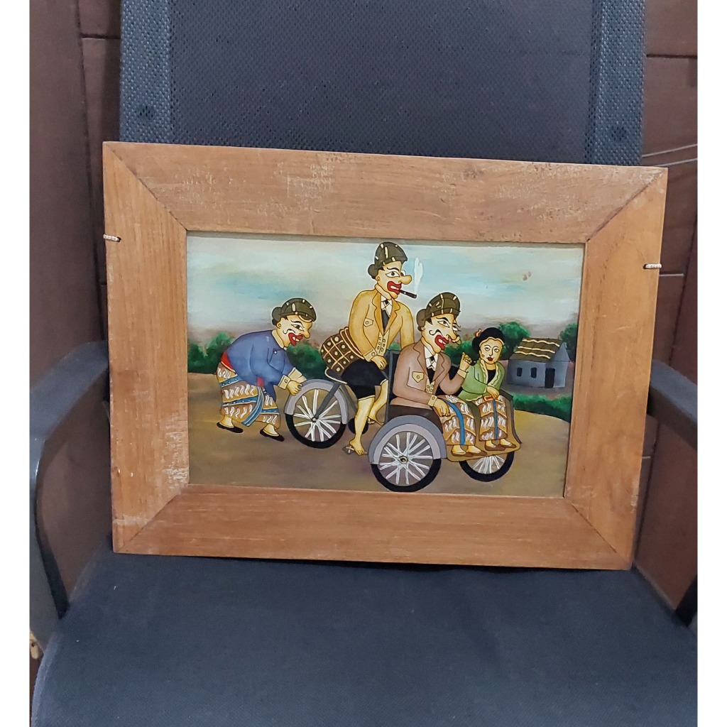 lukisan kaca vintage naik becak bingkai kayu jati