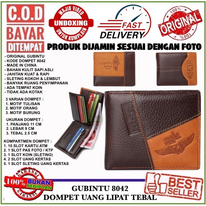 C.O.D Gubintu 8042 Dompet Uang Lipat Tebal Bahan Kulit Sapi Asli Muat Banyak Ada Tempat Koin Kilat