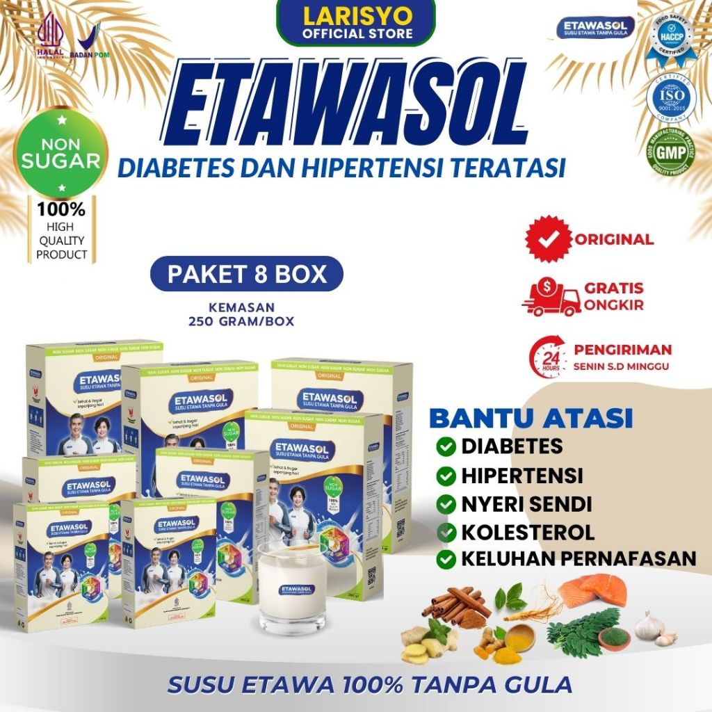 

Susu Kambing Etawa 100% Tanpa Gula Etawasol Untuk Diabetes, Hipertensi, Nyeri Sendi dan Pernafasan 250Gr Paket 8 Box