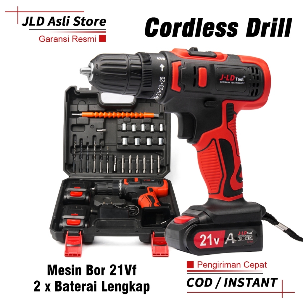 JLD 21Vf Mesin Bor Baterai Bor Cas Jld 2 Batre Lengkap Koper 25+1 Bor Cordless Bor Case Cordless Dri