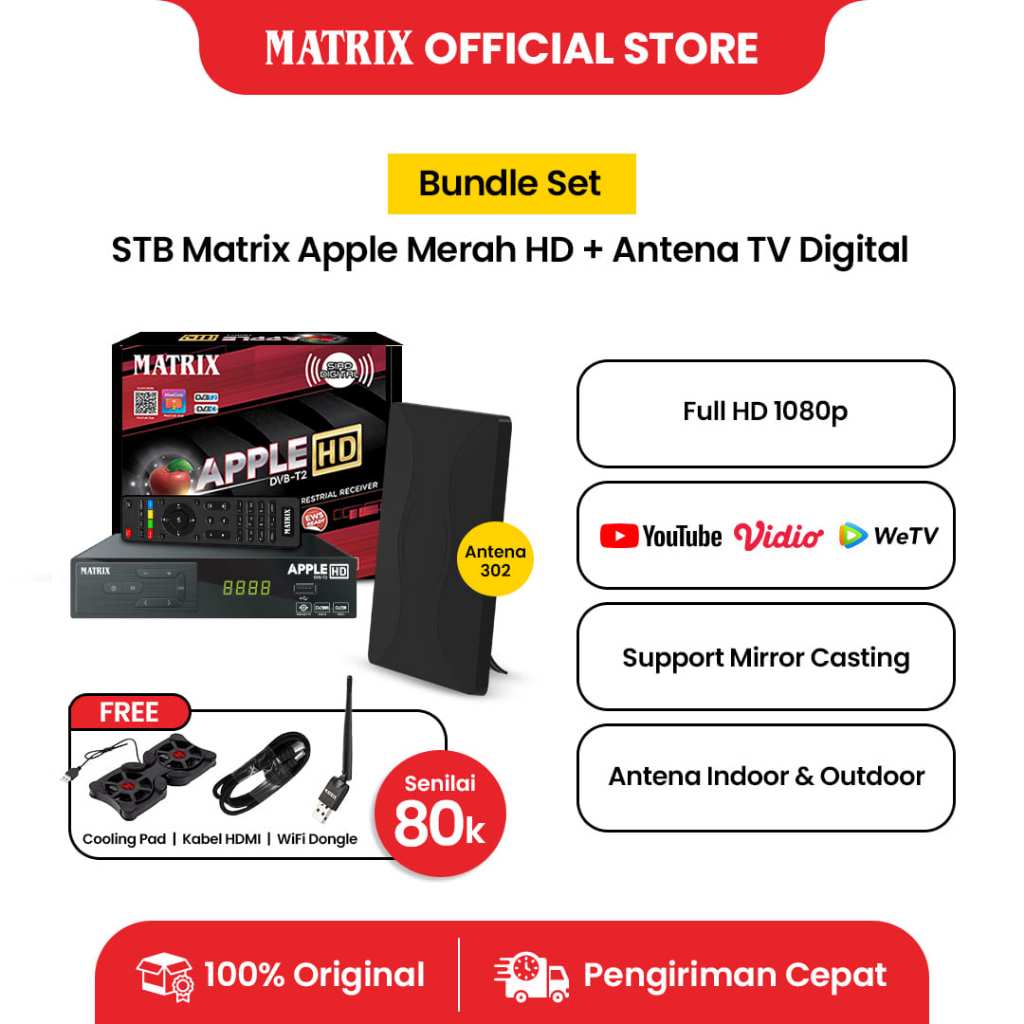 Bundle MATRIX Set Top Box Apple Merah DVBT2 HD + Antena TV Digital HD 302