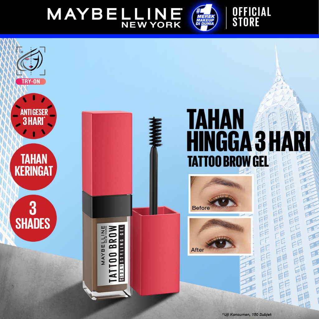 MAYBELLINE OFFICIAL Tattoo Brow 3 Day Styling Gel Brown - 6ml Browcara Mascara Alis Eye Makeup Cokel