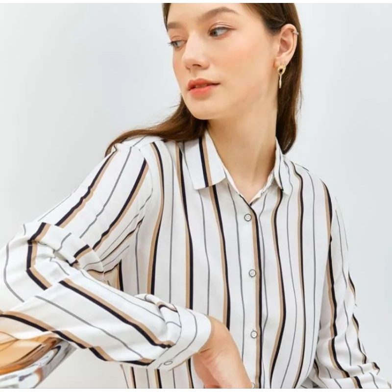 KEMEJA WANITA GARIS-GARIS LENGAN PANJANG / SHIRT STRIPE BLOUSE TUNIK WANITA BAHAN RAJUT