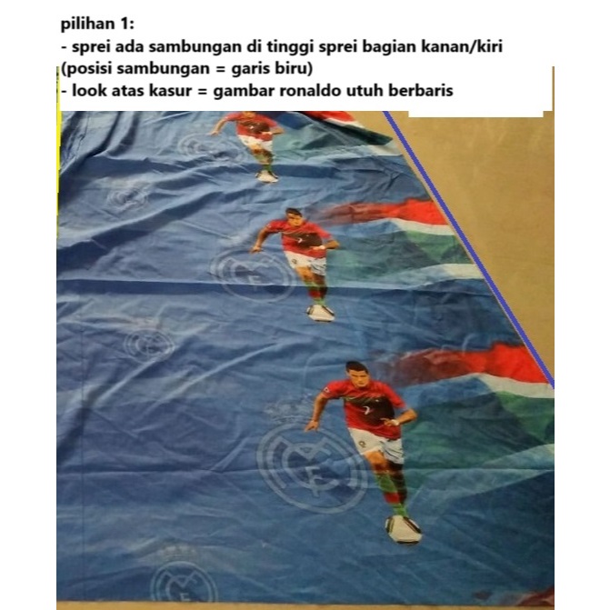 sprei single bahan katun jepang reactive kode JD-275 motif ronaldo + logo r*al madr*d (bisa custom u