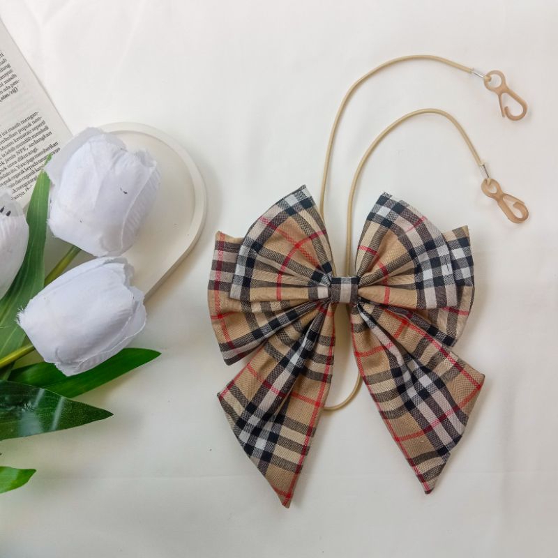 Strap masker - konektor masker hijab pita besar - konektor pita besar motif kotak - strap masker aes