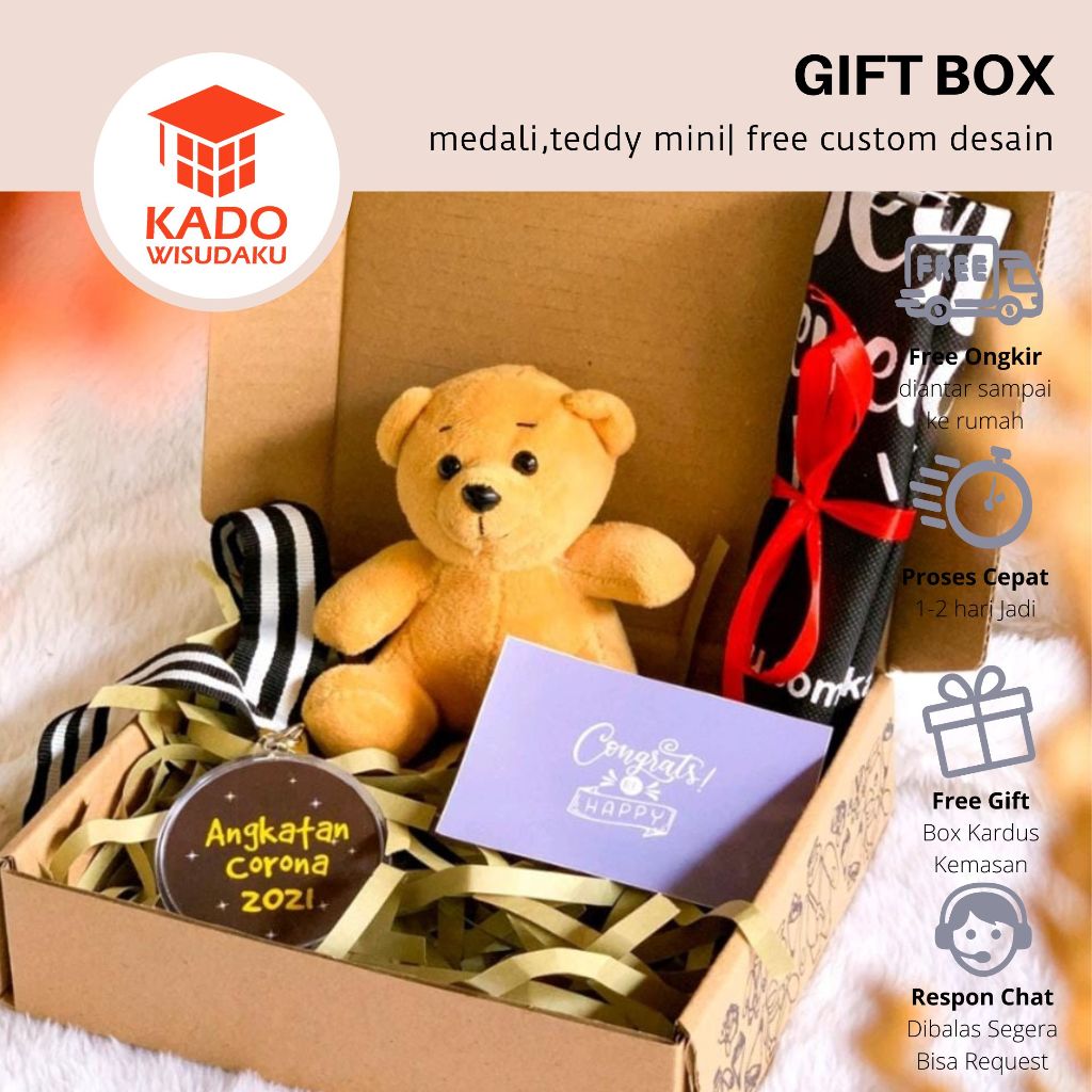

Gift Box Medali Custom Teddy Mini Kado Wisuda