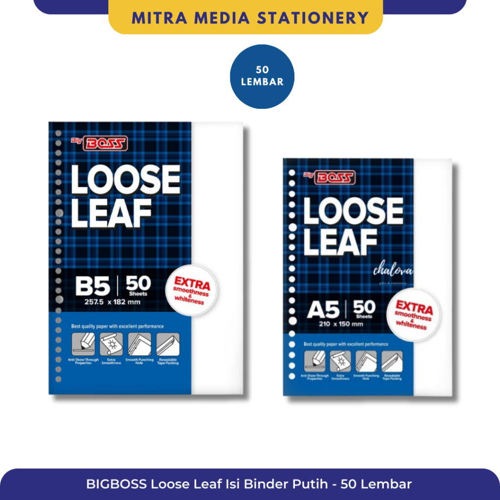KERTAS BINDER/ISI BINDER/LOOSE LEAF BIG BOSS POLOS A5 B5 PUTIH - 50 Lembar