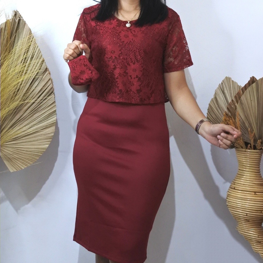 Dress Pesta bahan Scuba Mix Brukat Fremium Pakaian Wanita formal Lengan Pendek Sleting Belakang