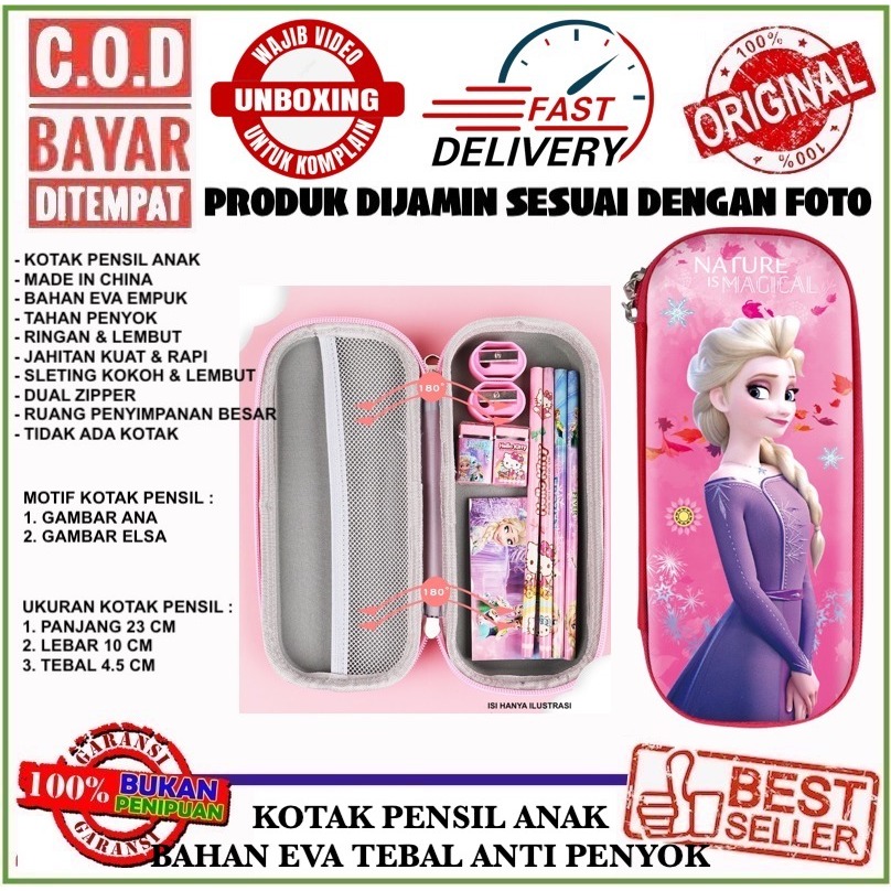 

C.O.D Kotak Pensil Alat Tulis Anak Gadis Motif Frozen Elsa Bahan EVA Ringan Anti Rusak Pencil Box