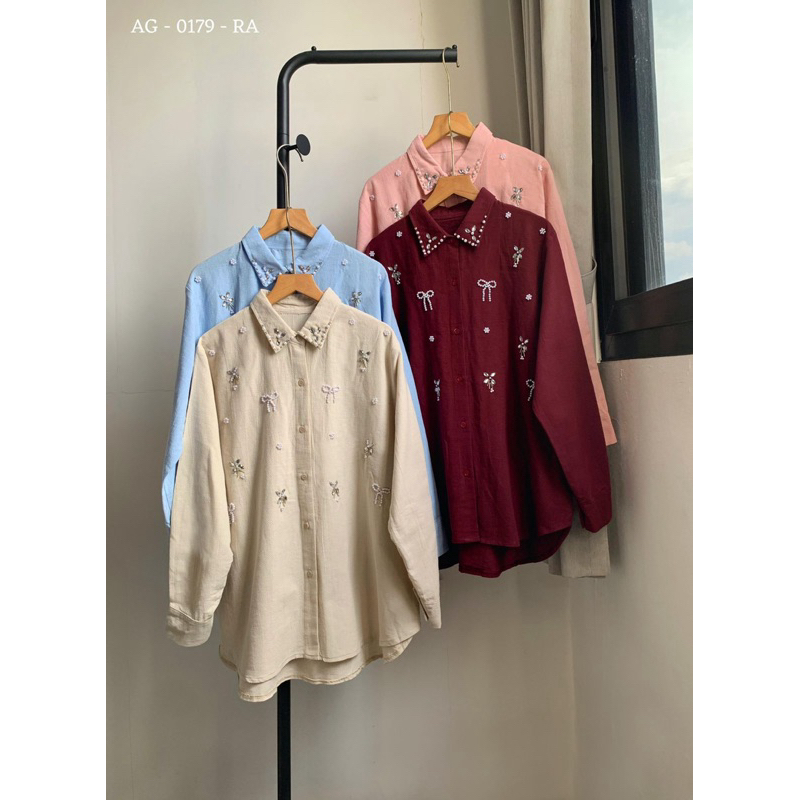 Kemeja Bangkok Maroon Cream Pink Biru Lengan Panjang Atasan Wanita Premium Katun Linen