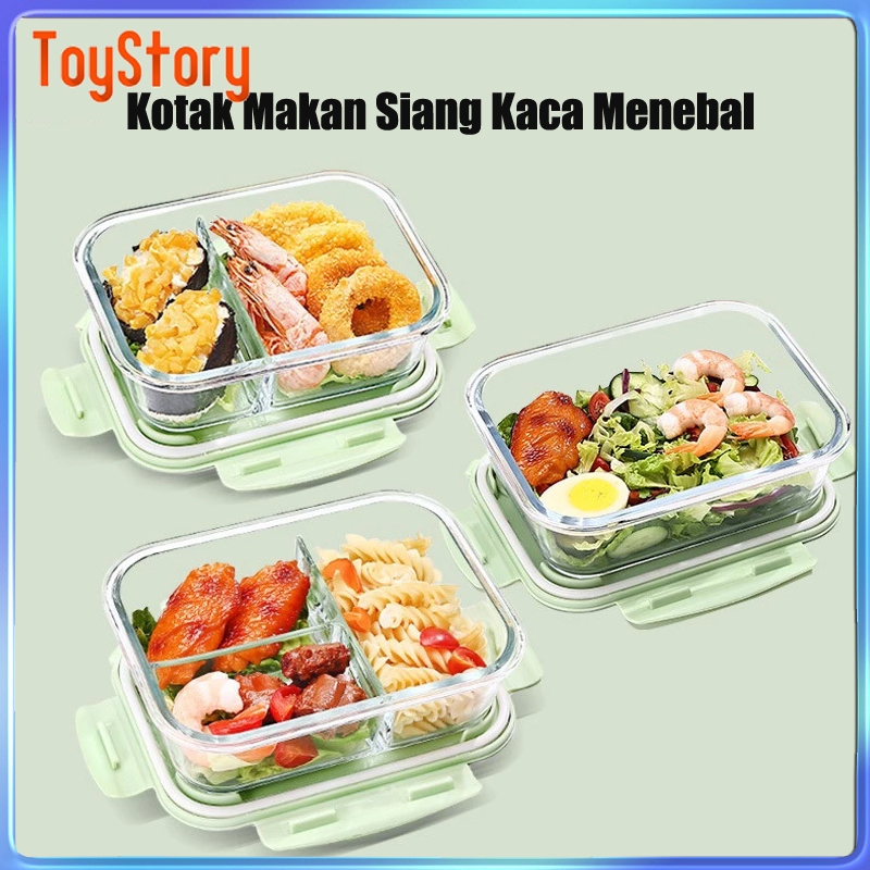 Kotak Makan Siang Kaca Menebal/Kotak Penyimpanan Makan Bahan Kaca Microwave Oven Safe Bersekat