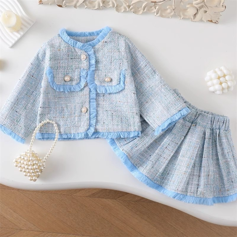 dailykids setelan Rok Tweed biru import anak perempuan