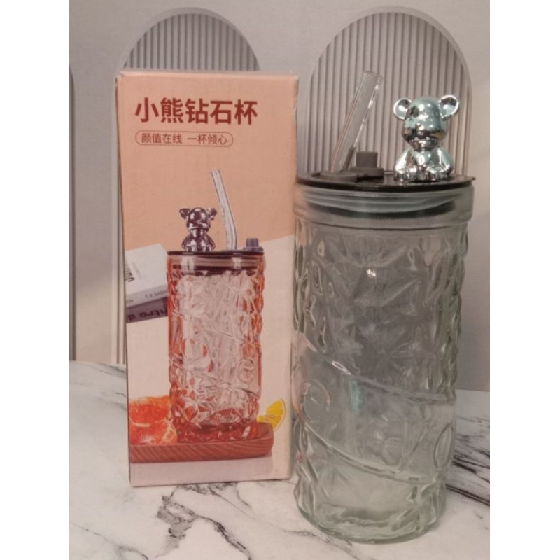 Botol Minum Gelas Kaca Tebal + Sedotan Gelas Aesthetic Botol Kaca Mewah Tumbler Glass 350ml 