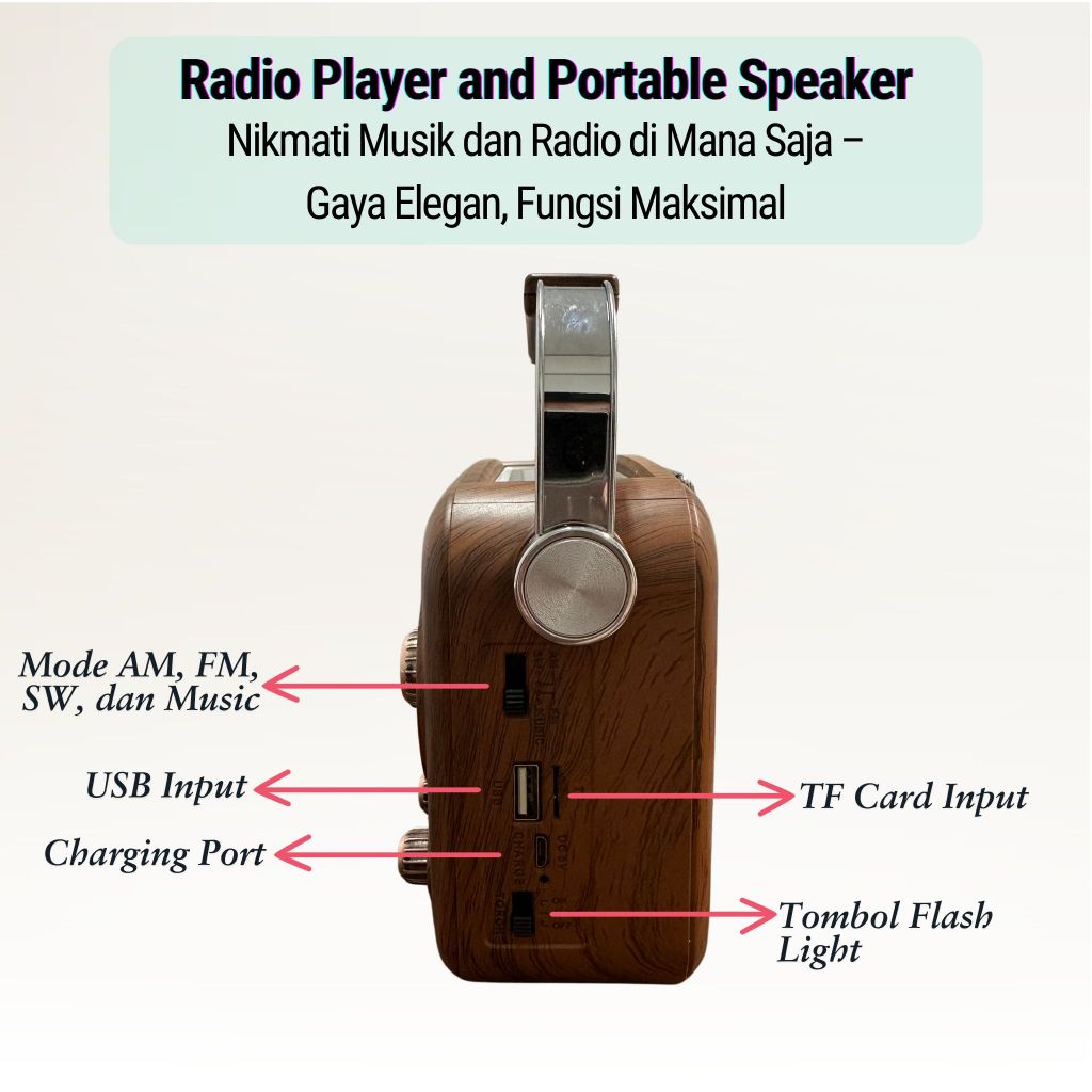 Asatron R-1113 USB Portable Speaker Bluetooth Radio FM/AM/SW1-7 3 Bands + Senter
