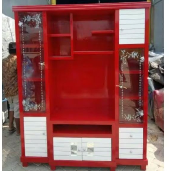 Bufet Pajangan TV Minimalis Pintu Kaca Sandblast (Harga Promo)