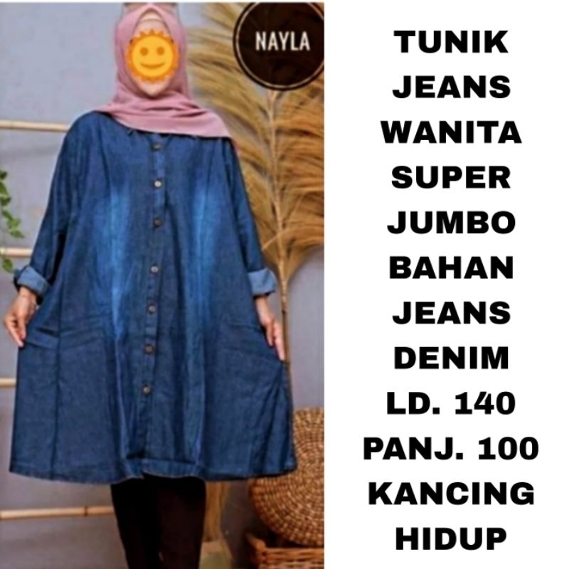 WK KEMEJA TUNIK WANITA SUPER JUMBO LD. 140 BAJU ATASAN KERAH JEANS DENIM LENGAN PANJANG MUSLIMAH